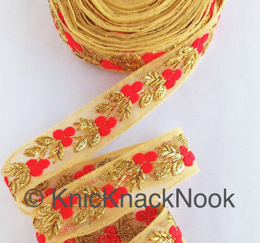 Beige Net Lace Trim With Beautiful Red / Beige And Gold Floral Embroidery, Embroidered Lace, Approx. 30mm wide